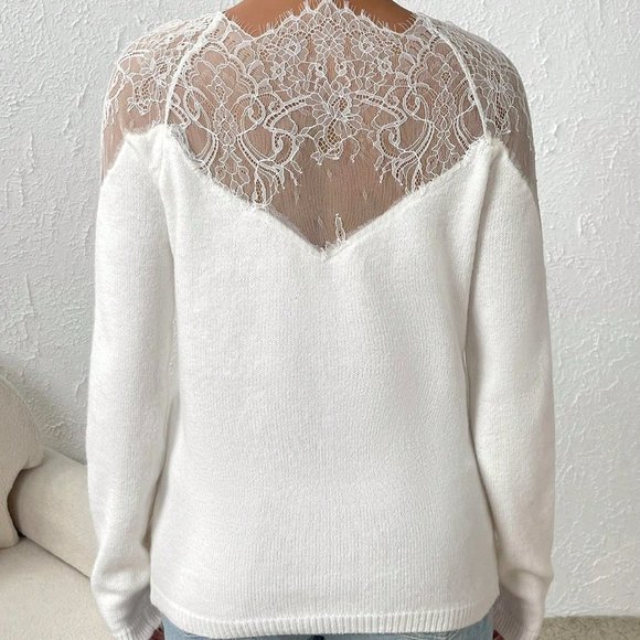 Chic Feminine Eyelash Lace Panel Raglan Sleeve Sweater - Picture 2 of 5